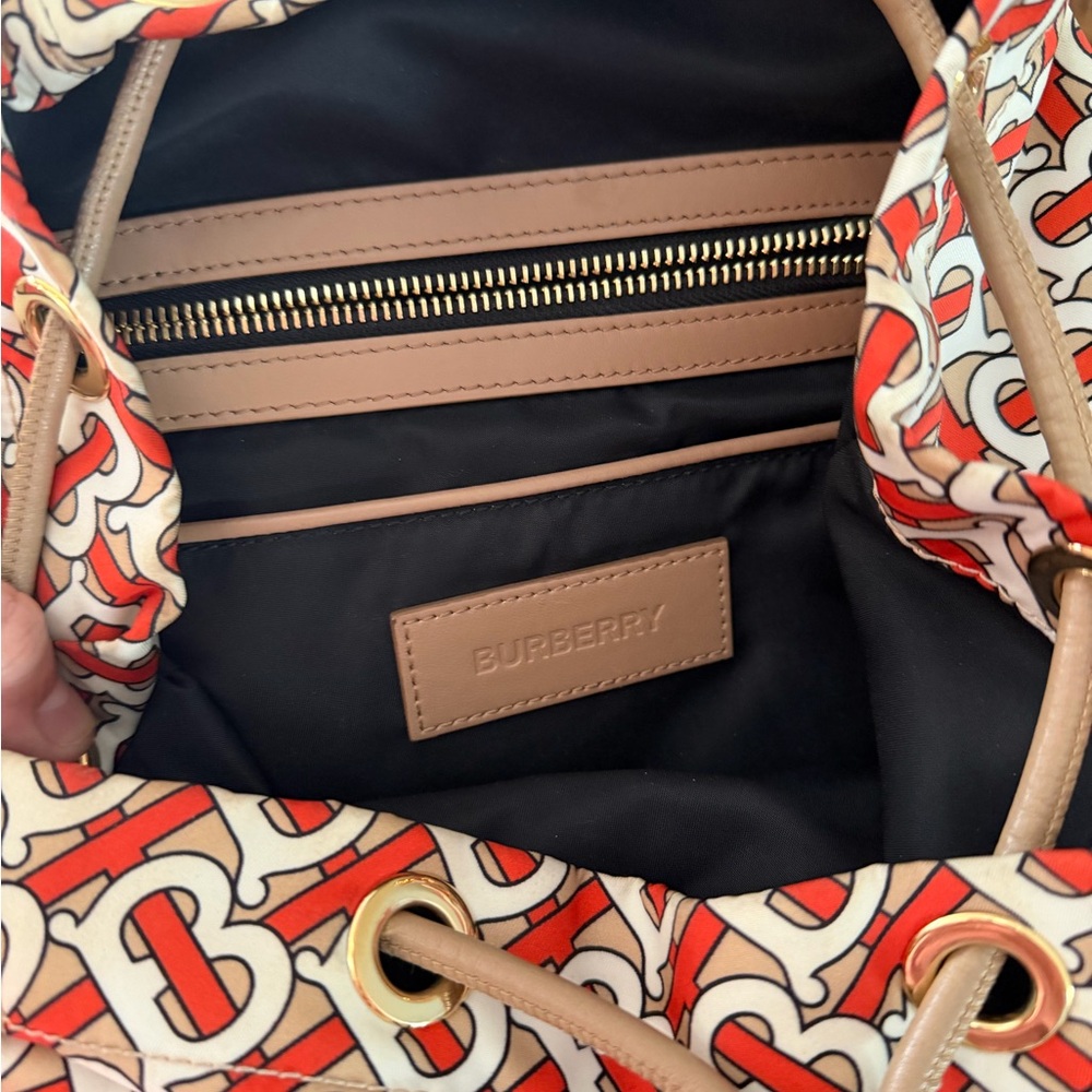 Chic Patterned Backpack with Tan and Red Accents - image 5